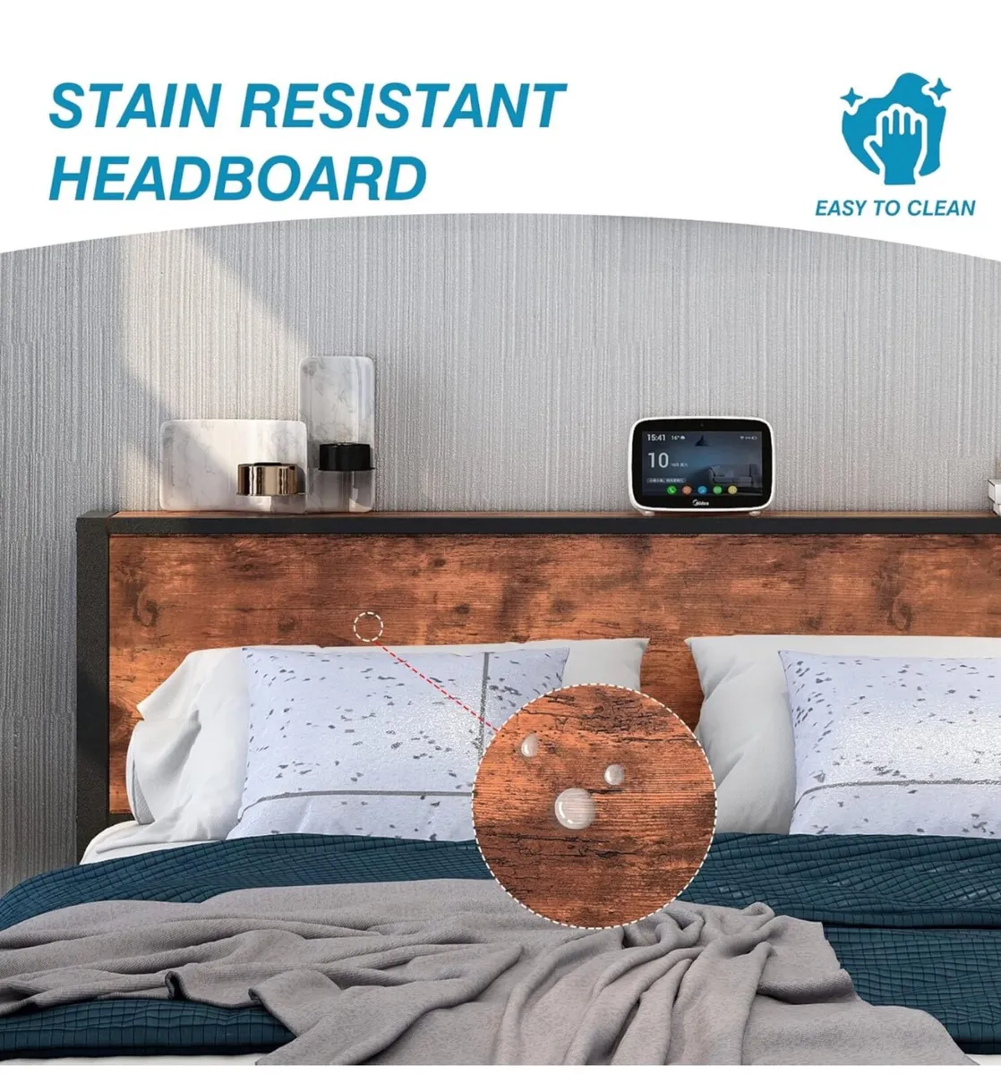 King Size Bed Frame with Storage Wooden Headboard - Image 3