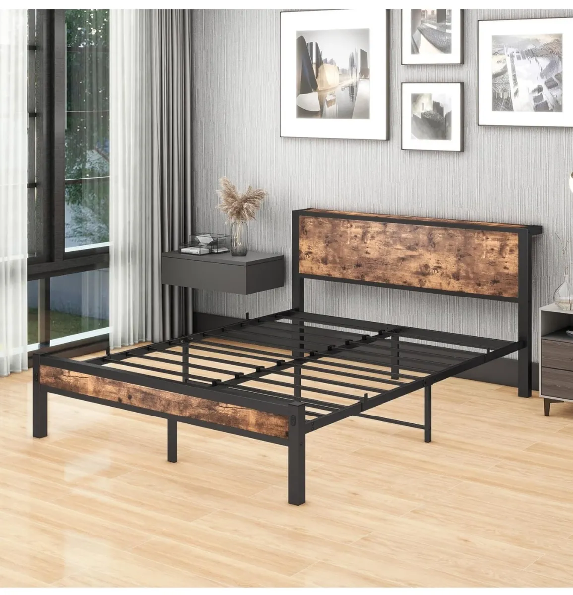 King Size Bed Frame with Storage Wooden Headboard - Image 4