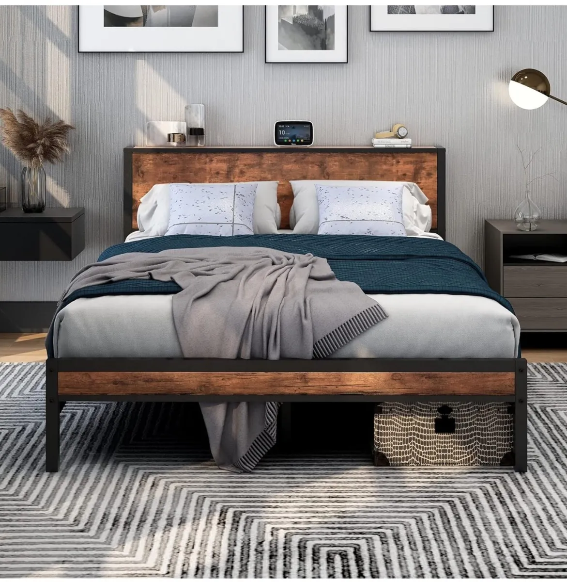 King Size Bed Frame with Storage Wooden Headboard - Image 1