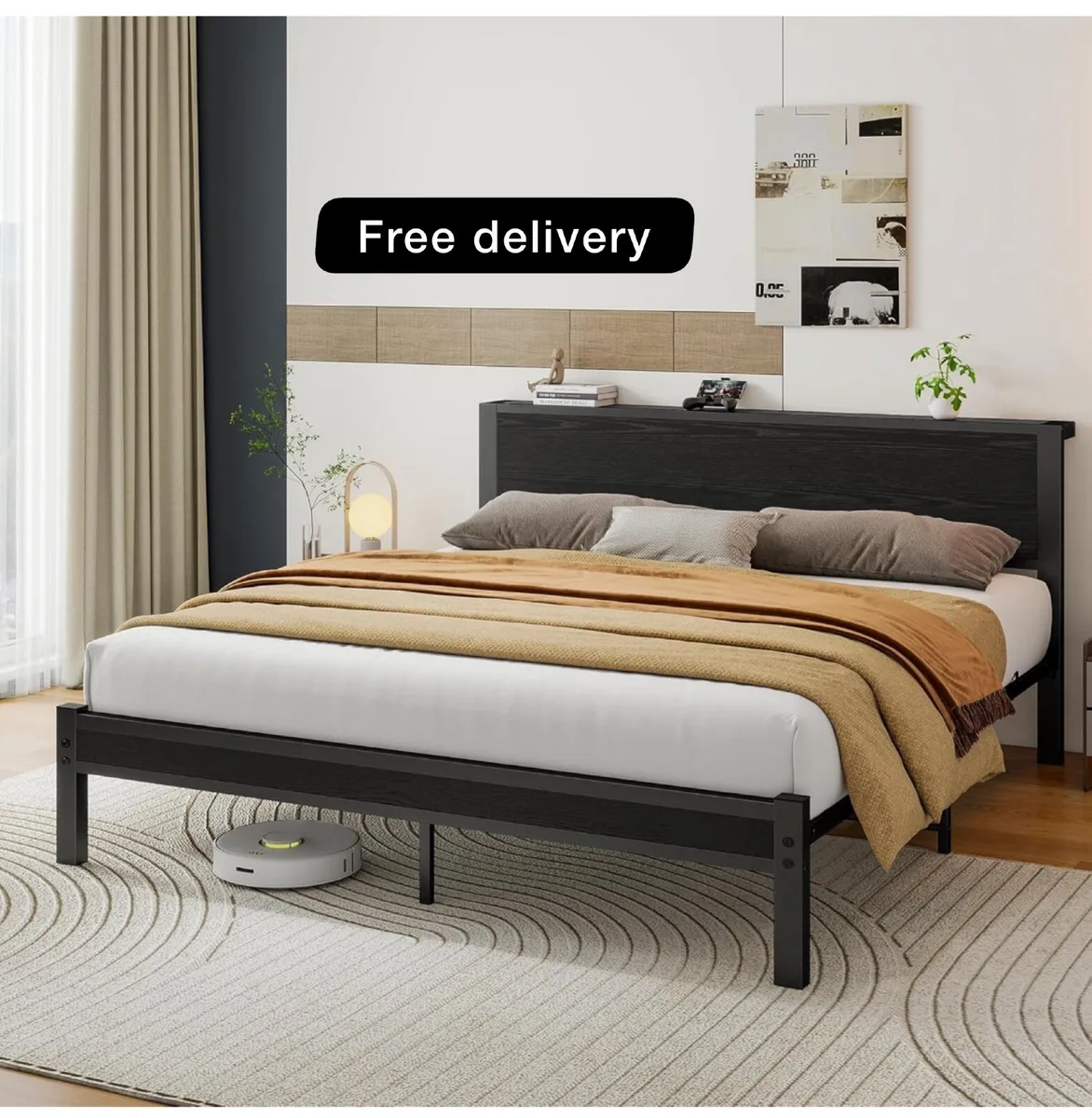 King Size Bed Frame with Wooden Storage Headboard - Image 1