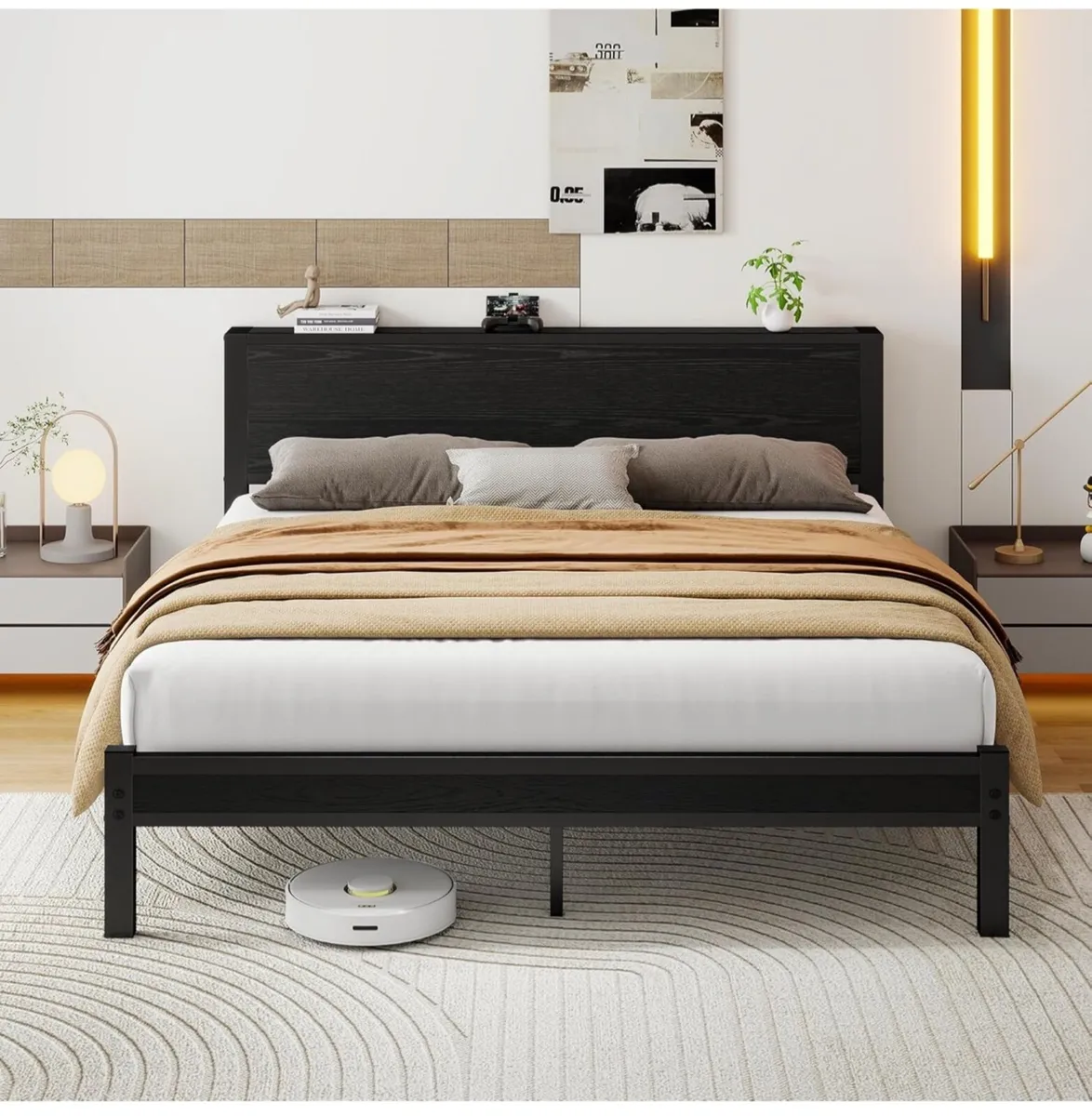 King Size Bed Frame with Wooden Storage Headboard - Image 1