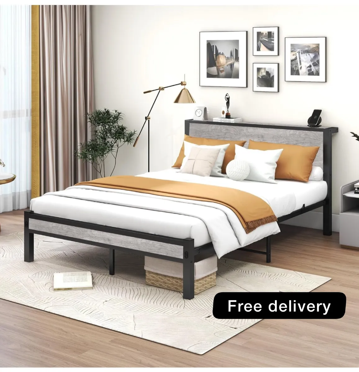 King Size Bed Frame with Storage Wooden Headboard - Image 1