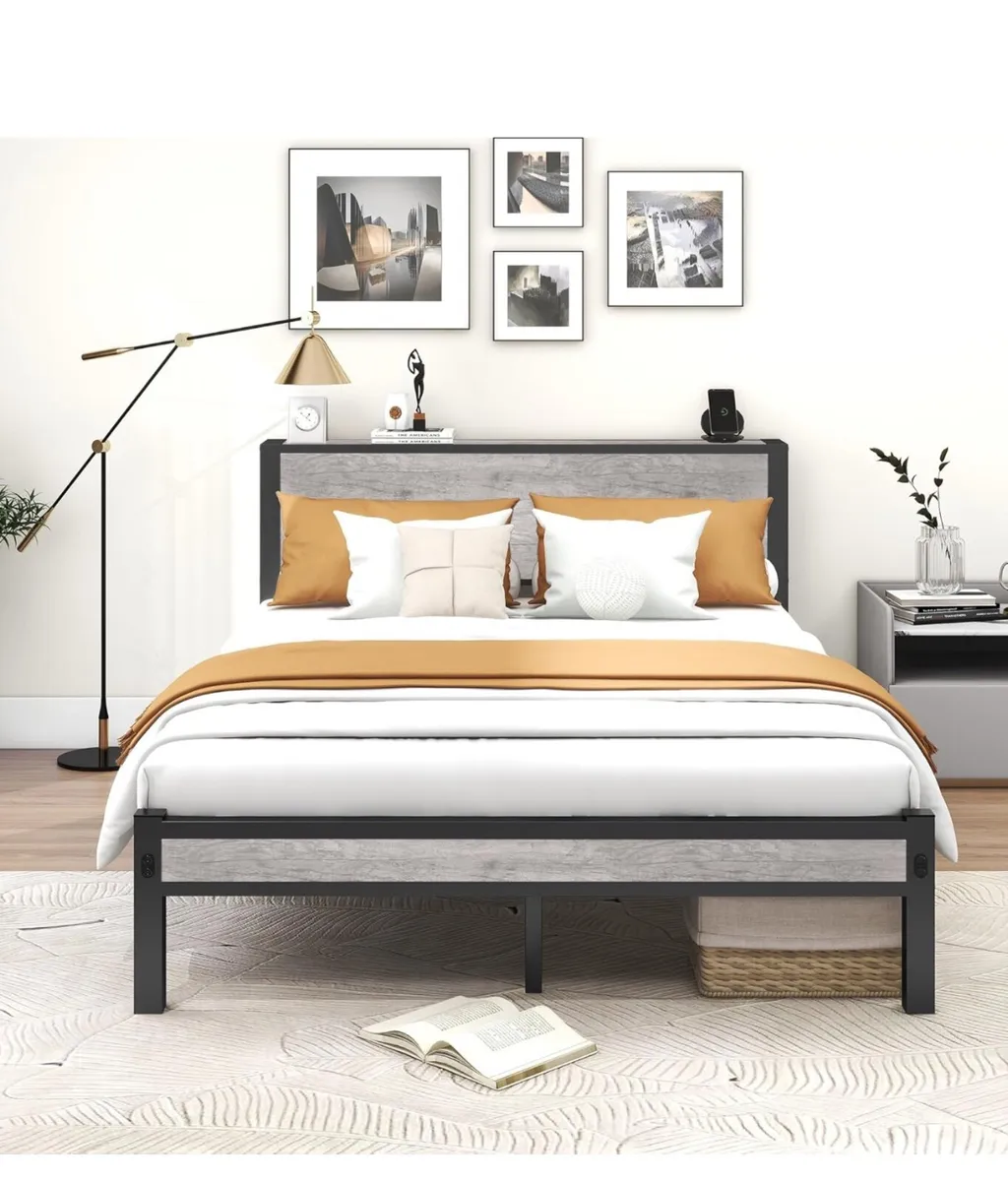 King Size Bed Frame with Storage Wooden Headboard - Image 1