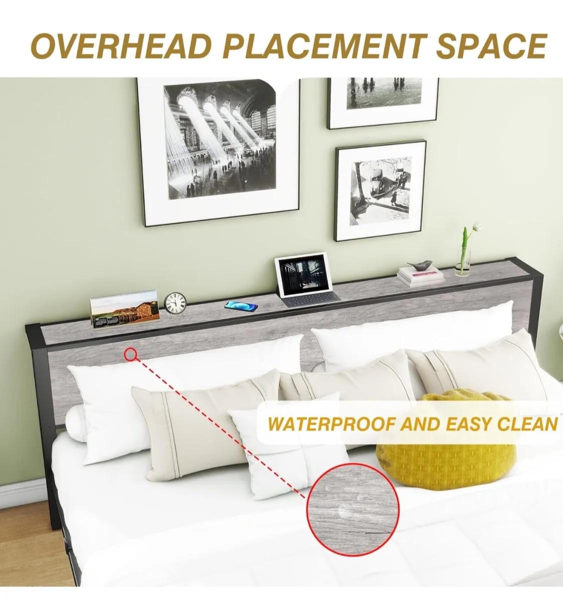 King Size Bed Frame with Storage Wooden Headboard - Image 2