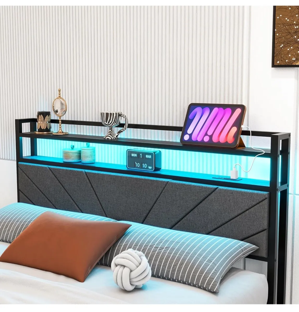 5ft King Size Bed Frame with LED Lights Storage Up - Image 3