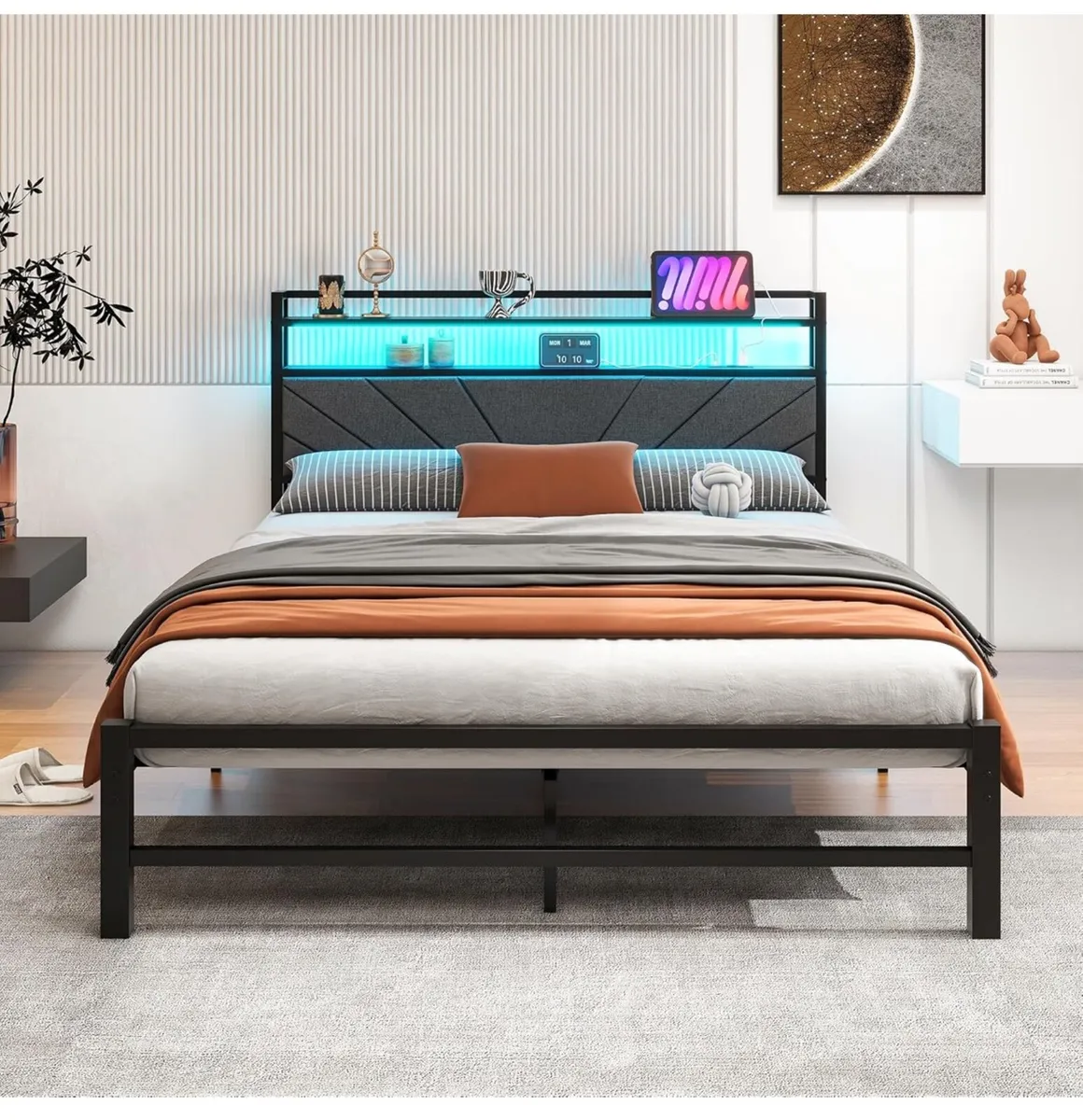 5ft King Size Bed Frame with LED Lights Storage Up - Image 1