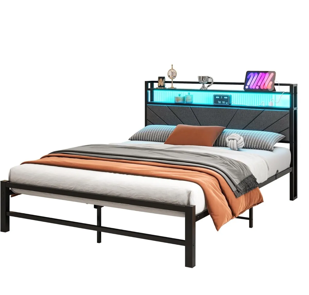 5ft King Size Bed Frame with LED Lights Storage Up - Image 4