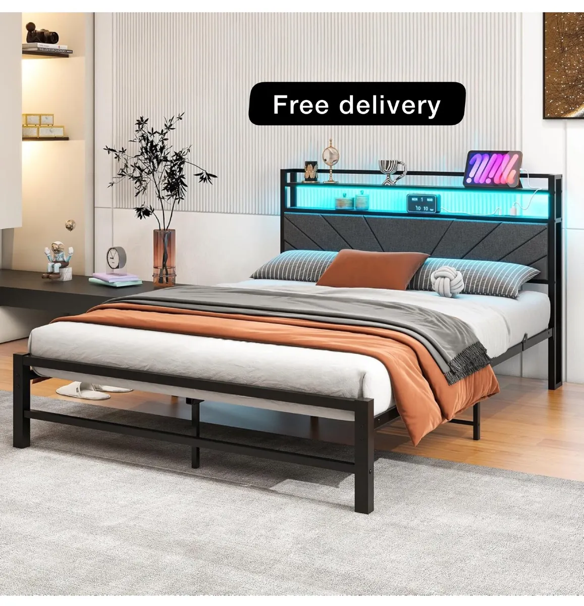 5ft King Size Bed Frame with LED Lights Storage Up - Image 1