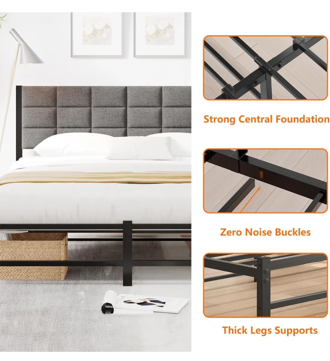 5ft King Size Bed Frame with Headboard,Upholstered - Image 2