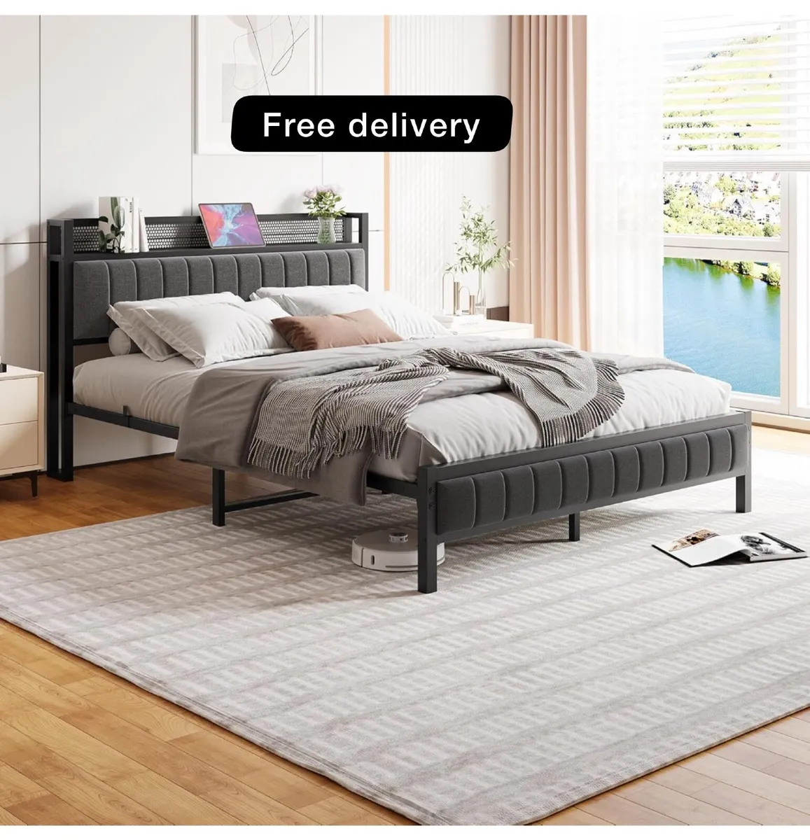 5ft King Size Bed Frame with Storage Upholstered H - Image 1