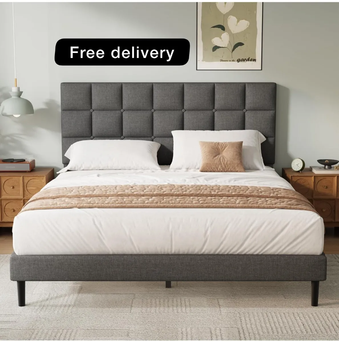 King Bed Frame, Easy Assembly, Sturdy Wooden Slat - Image 1