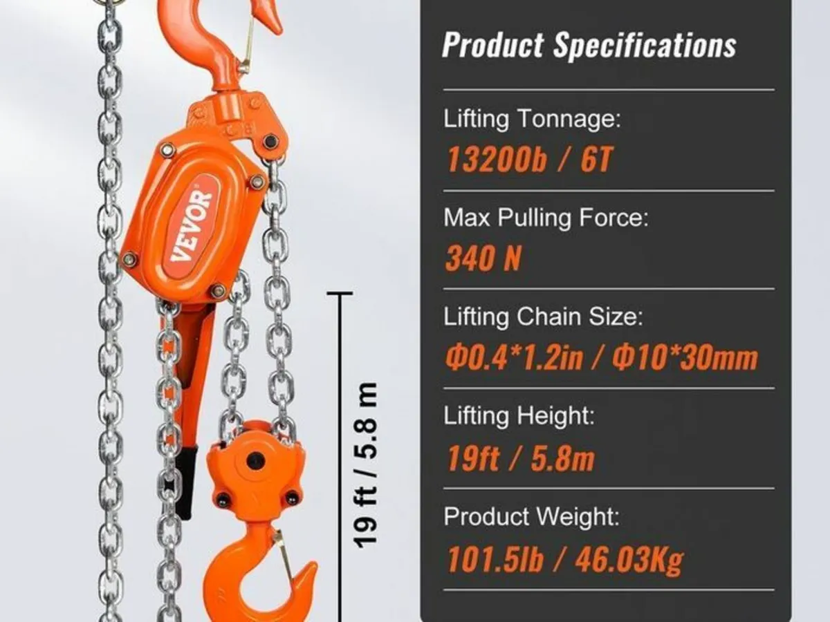 Manual Lever Chain Hoist, 6 Ton 13200 lbs Capacity - Image 3