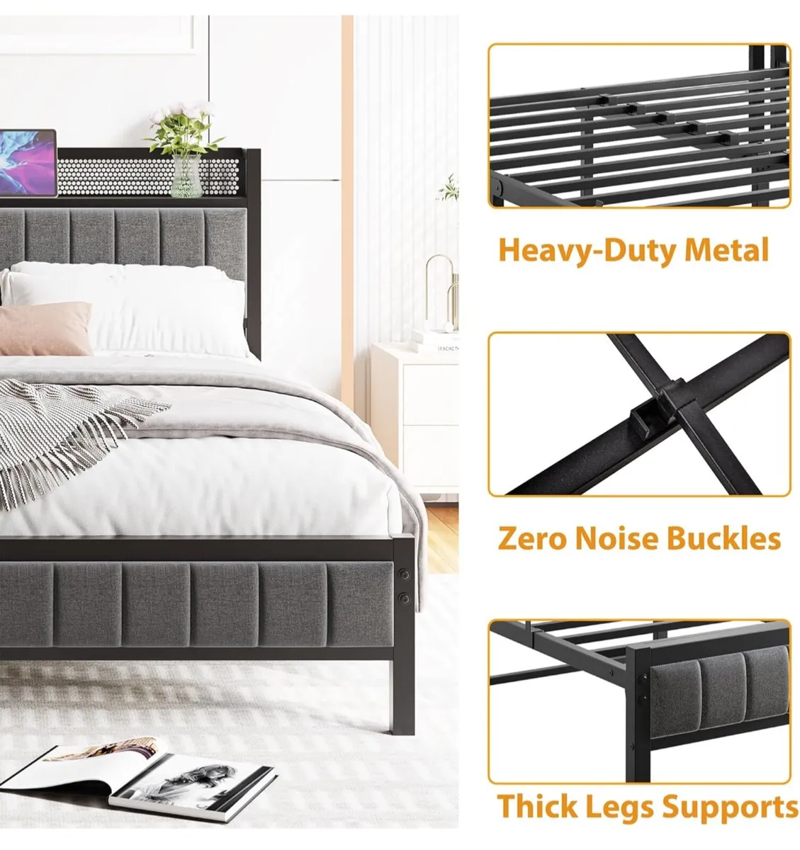 5ft King Size Bed Frame with Storage Upholstered H - Image 4
