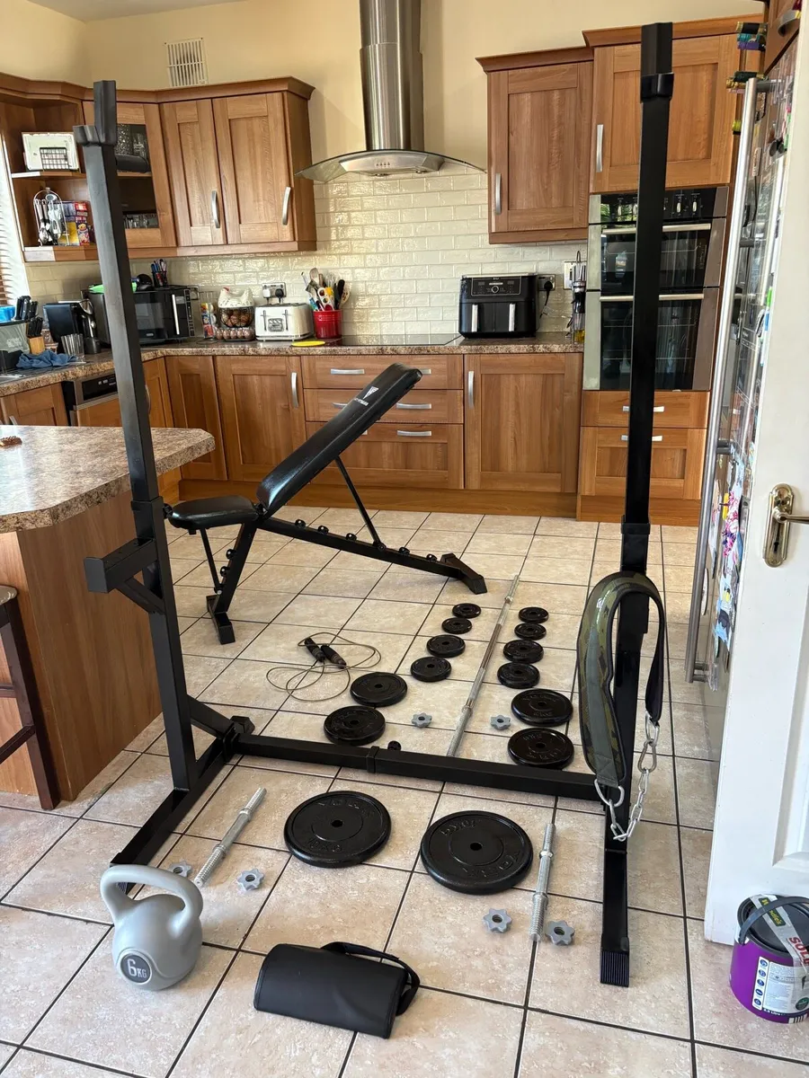 NICE GYM SET, SQUAT RACK, BENCH, METAL WEIGHTS ETC - Image 1
