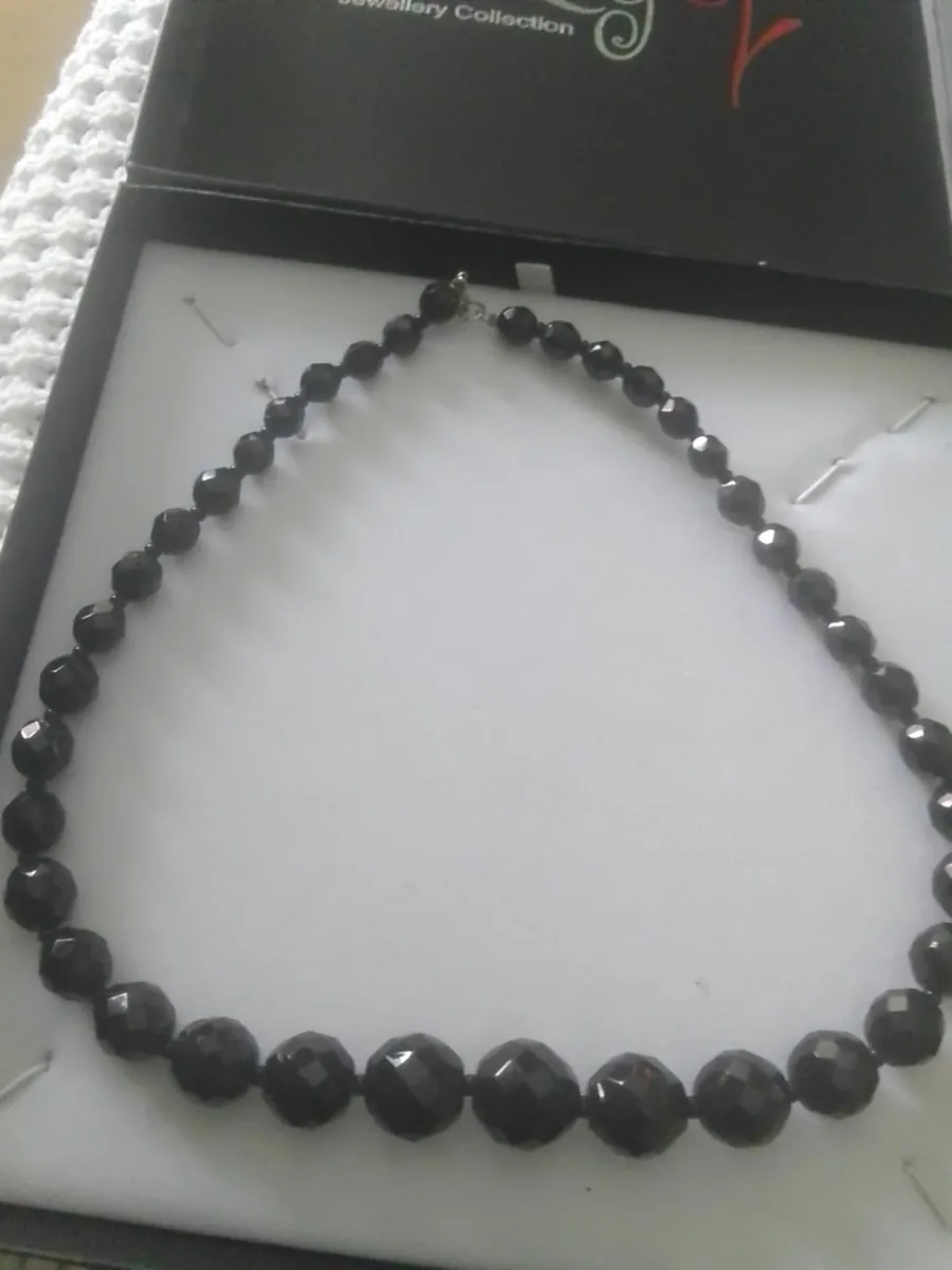 VINTAGE BLACK CZECH BEAD NECKLACE WITH STG SILVER - Image 1