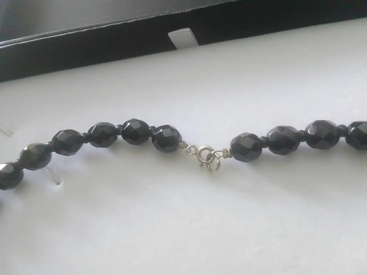 VINTAGE BLACK CZECH BEAD NECKLACE WITH STG SILVER - Image 2