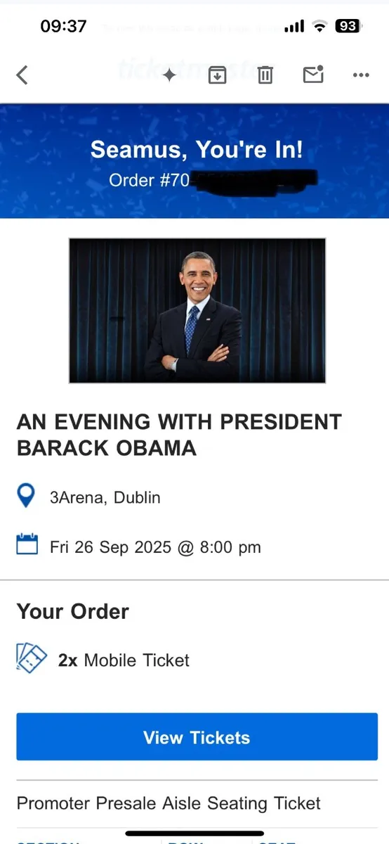An evening with President Obama, 2 Tickets
