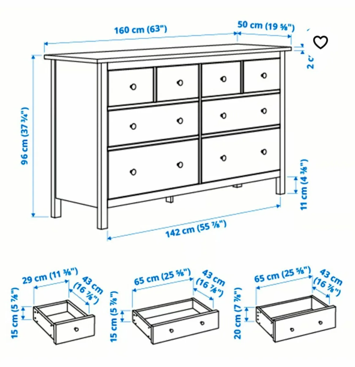 Ikea Hemnes Chest of 8 drawers (White) - Image 2