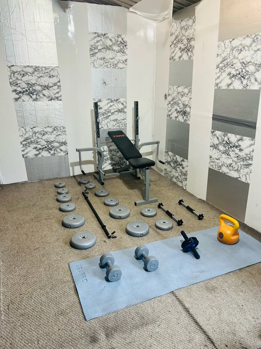 Bench weights bar dumbbells gym mat kettlebell - Image 1