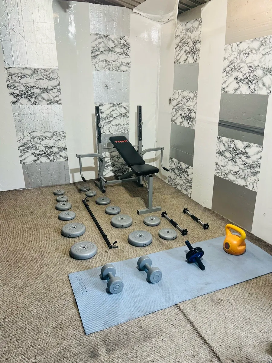 Bench weights bar dumbbells gym mat kettlebell - Image 2