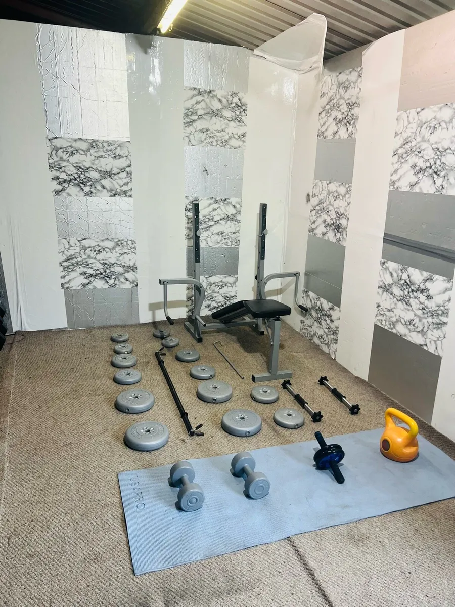 Bench weights bar dumbbells gym mat kettlebell - Image 3