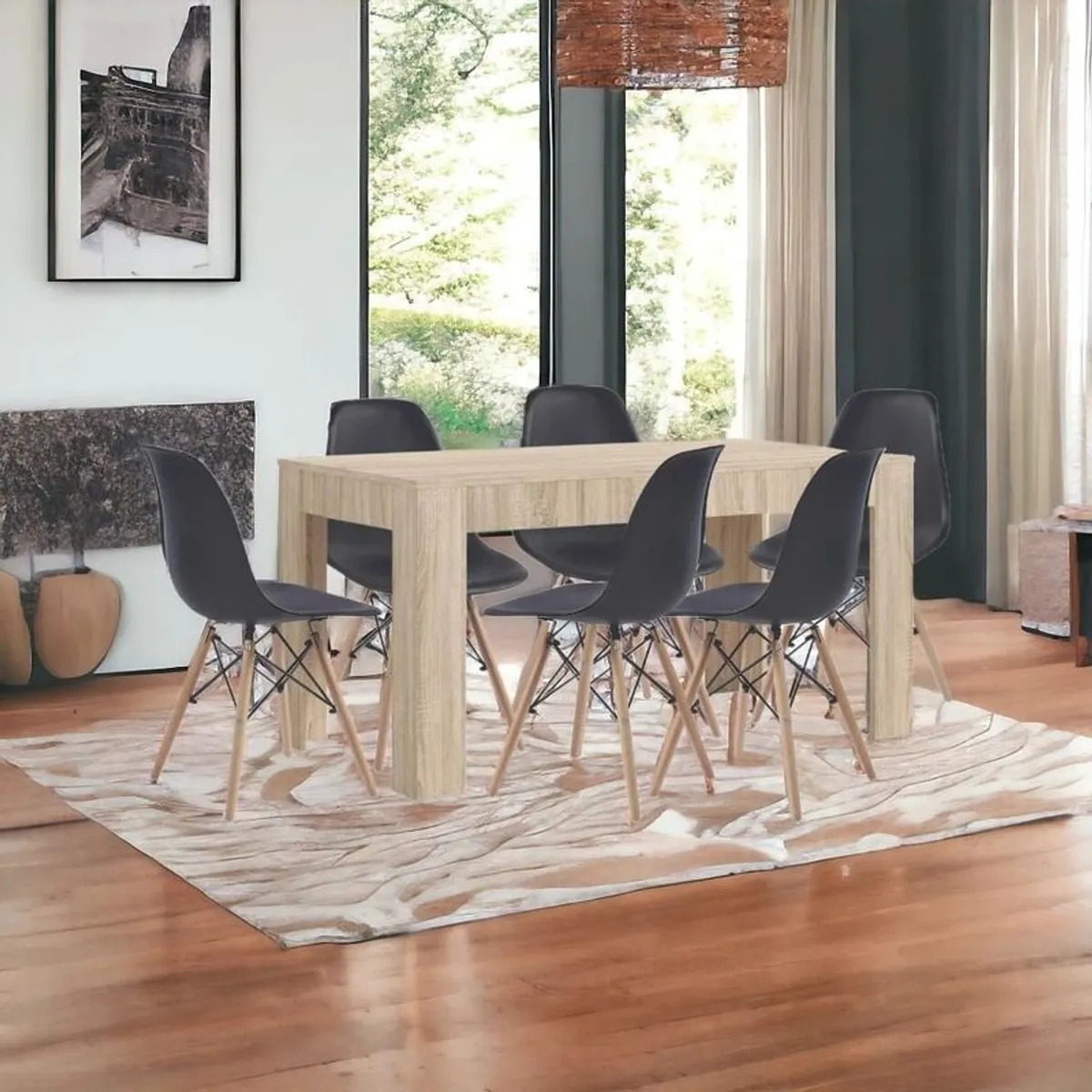 6 Seater Wooden Dining Table Set Nordic Style Oak Table + 6 White or Black Chairs - Image 1