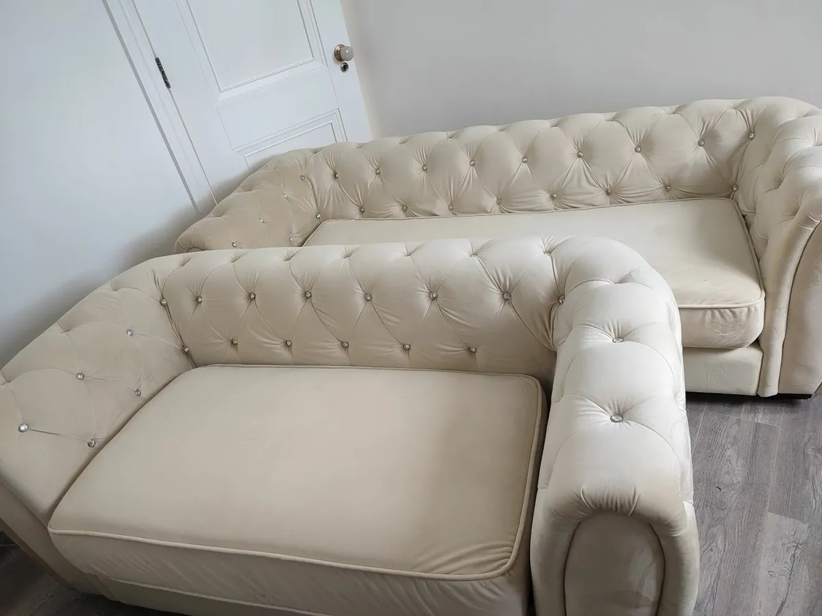 Two beautiful velvet cream sofas with crystals - Image 1