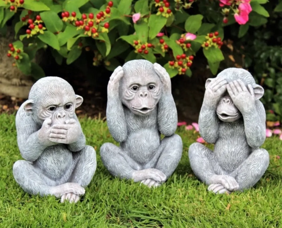 3 Three Wise Monkeys Garden Ornaments 9.5” high - Image 1
