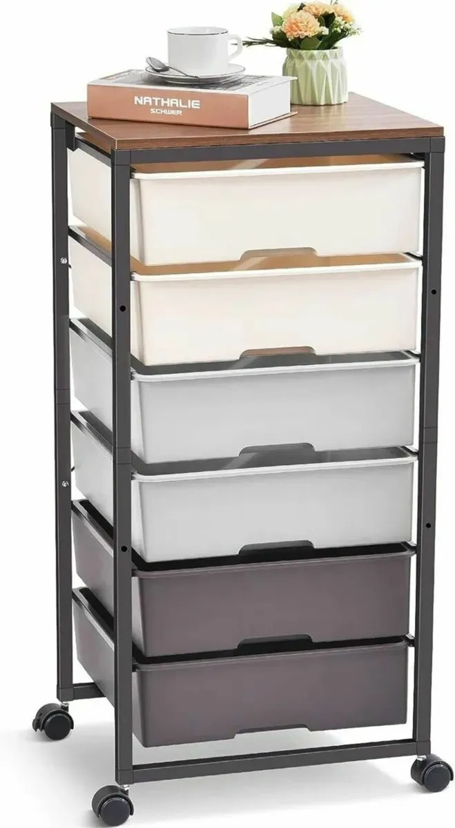 Rolling Storage Cart 6-Drawer with Wooden Tabletop - Image 2
