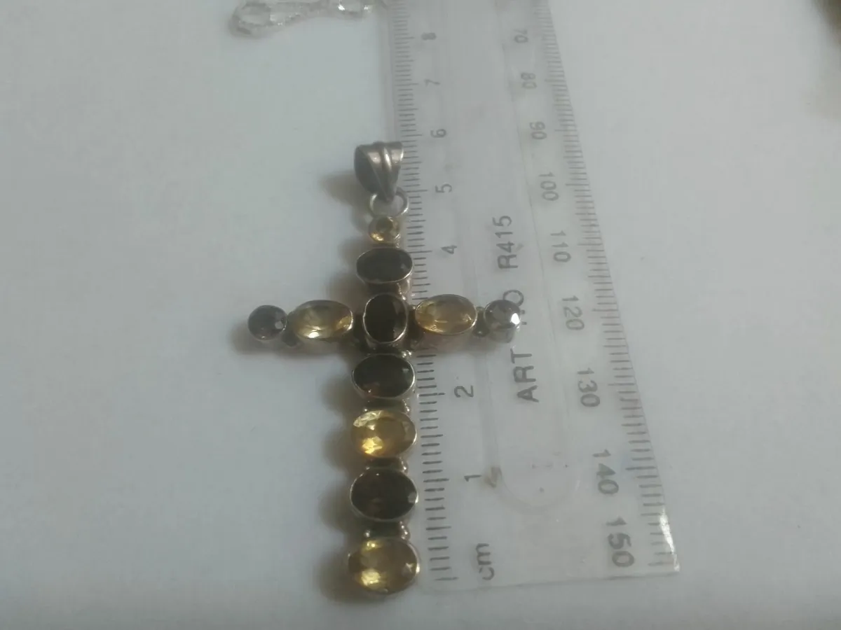 VINTAGE STG SILVER SMOKEY QUARTZ CROSS PENDANT - Image 4