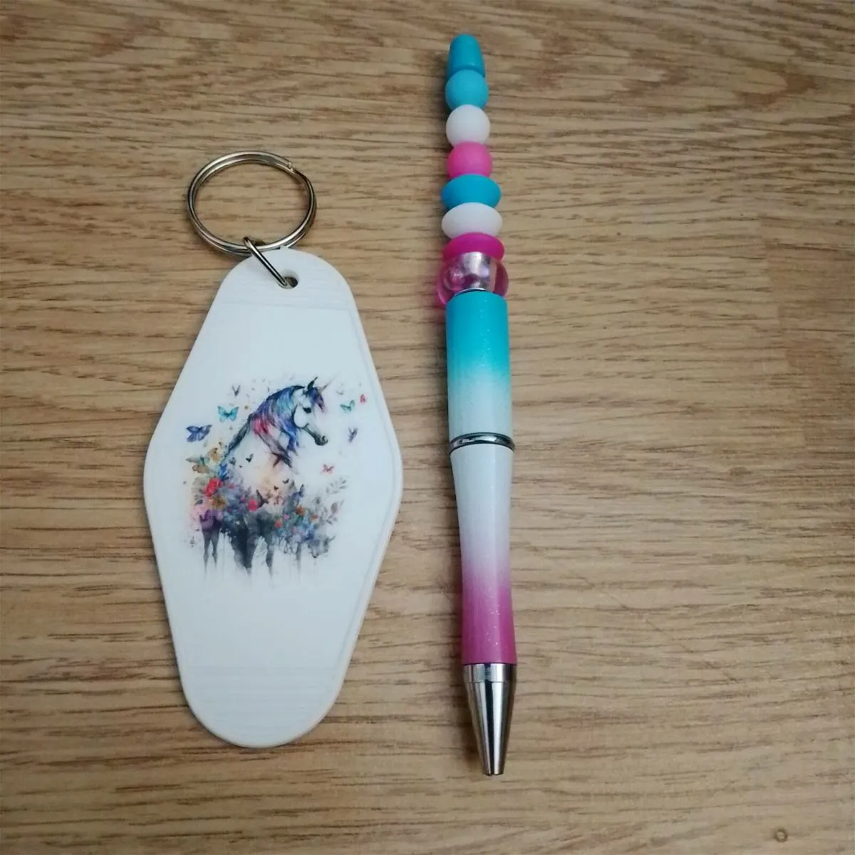 Unicorn keyring and beaded pen