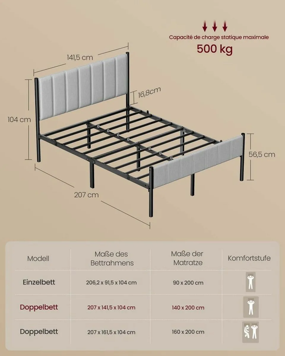 Sturdy Double Bed Frame with Foam Headboard and Un - Image 4