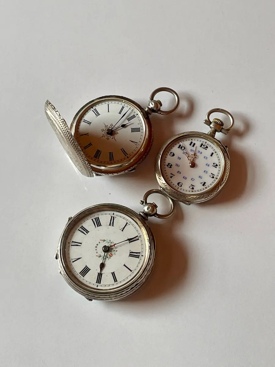 3 Antique Silver Pocket Watches - Image 1