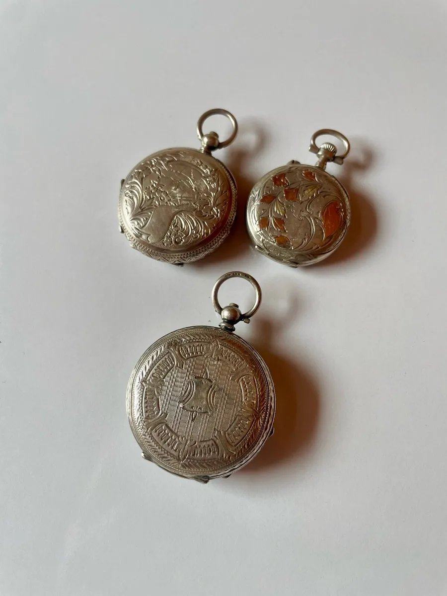 3 Antique Silver Pocket Watches - Image 2