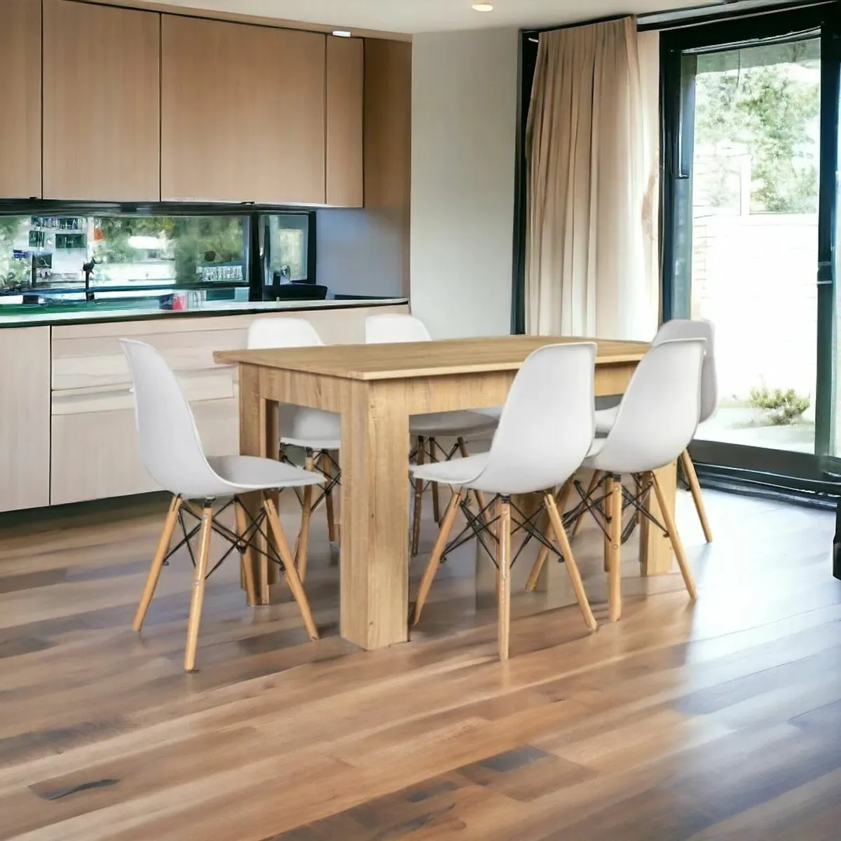 6 Seater Wooden Dining Table Set Nordic Style Oak - Image 4