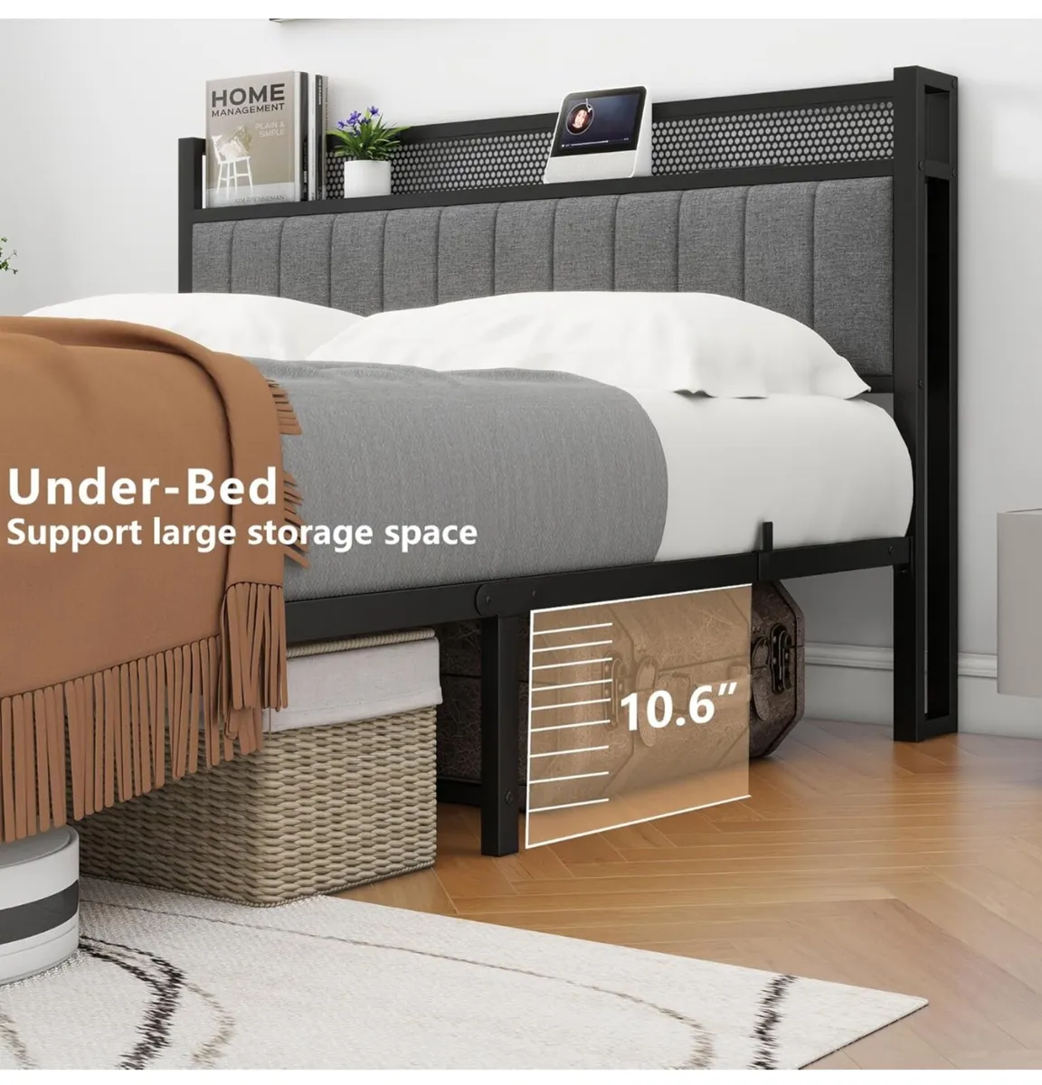 King Size Bed Frame with Wooden Storage Headboard - Image 4