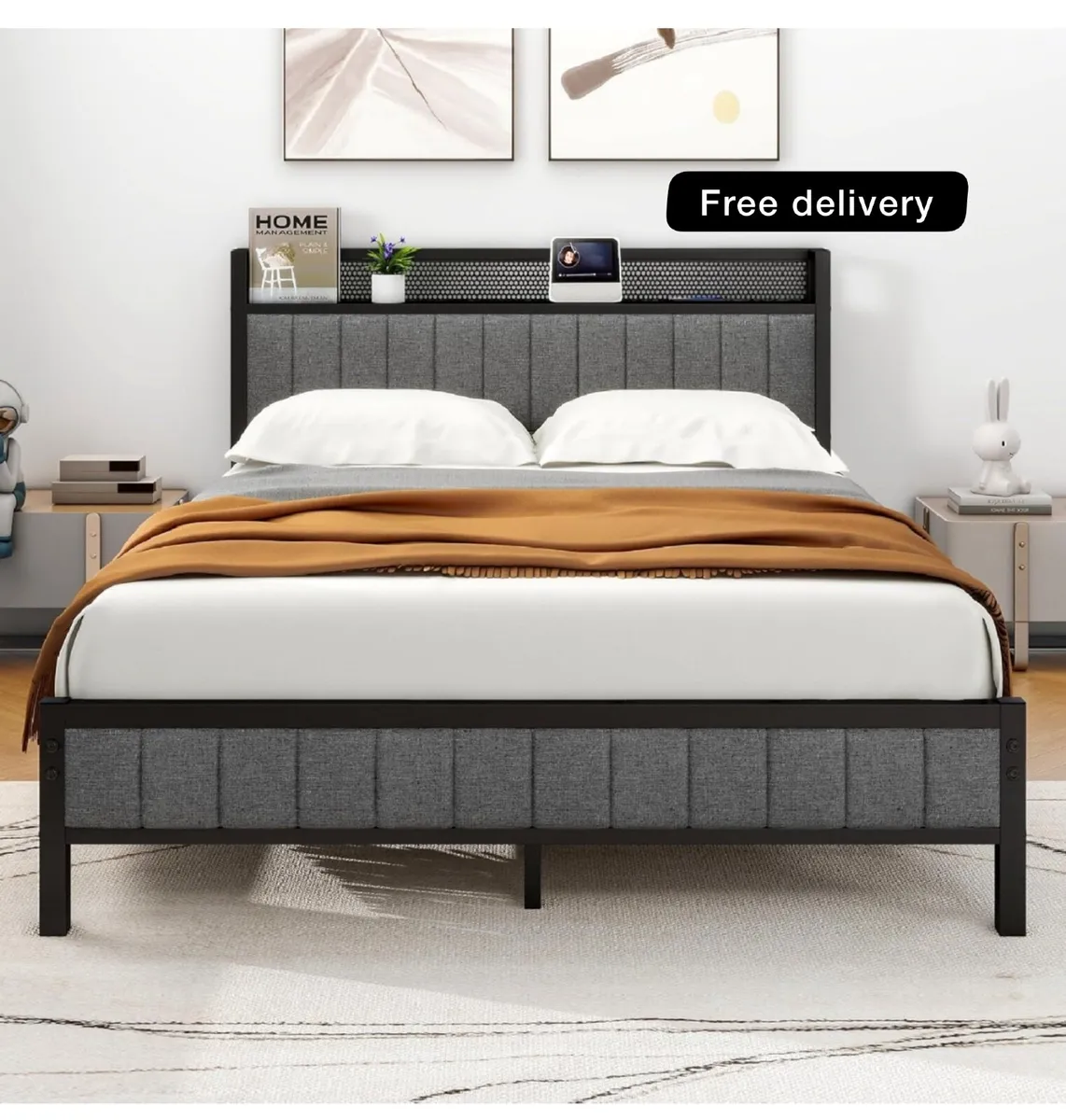 King Size Bed Frame with Wooden Storage Headboard - Image 1
