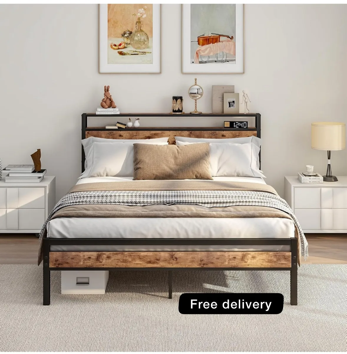 King Size Bed Frame with Storage Wooden Headboard - Image 1