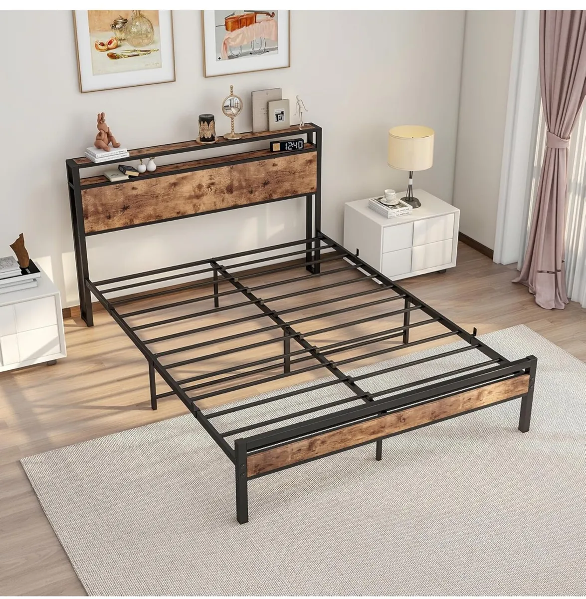 King Size Bed Frame with Storage Wooden Headboard - Image 3