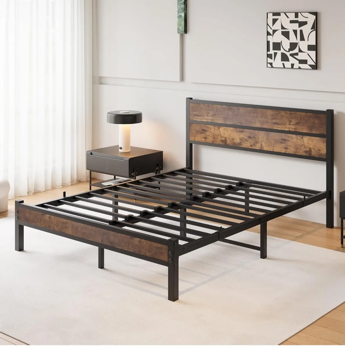 King Size Bed Frame with Wooden Headboard Bed Fram - Image 4