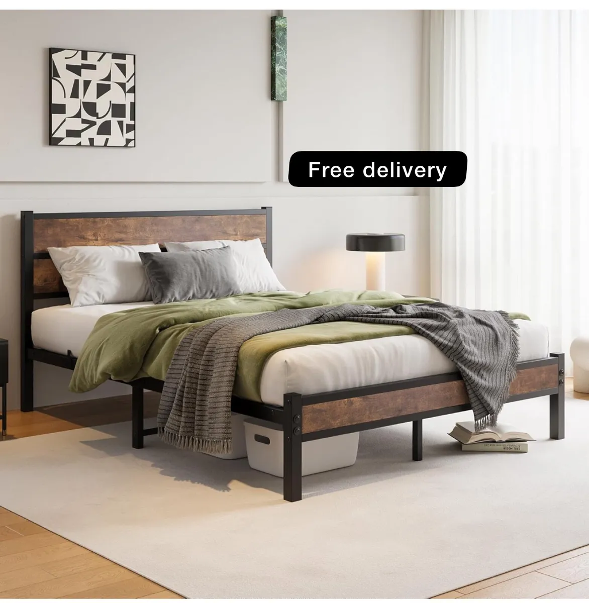 King Size Bed Frame with Wooden Headboard Bed Fram - Image 2