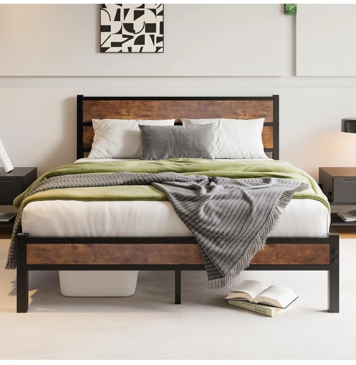 King Size Bed Frame with Wooden Headboard Bed Fram - Image 1