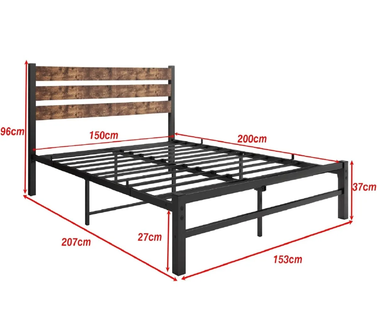King Size Bed Frame with Wood Headboard, Metal Bed - Image 2