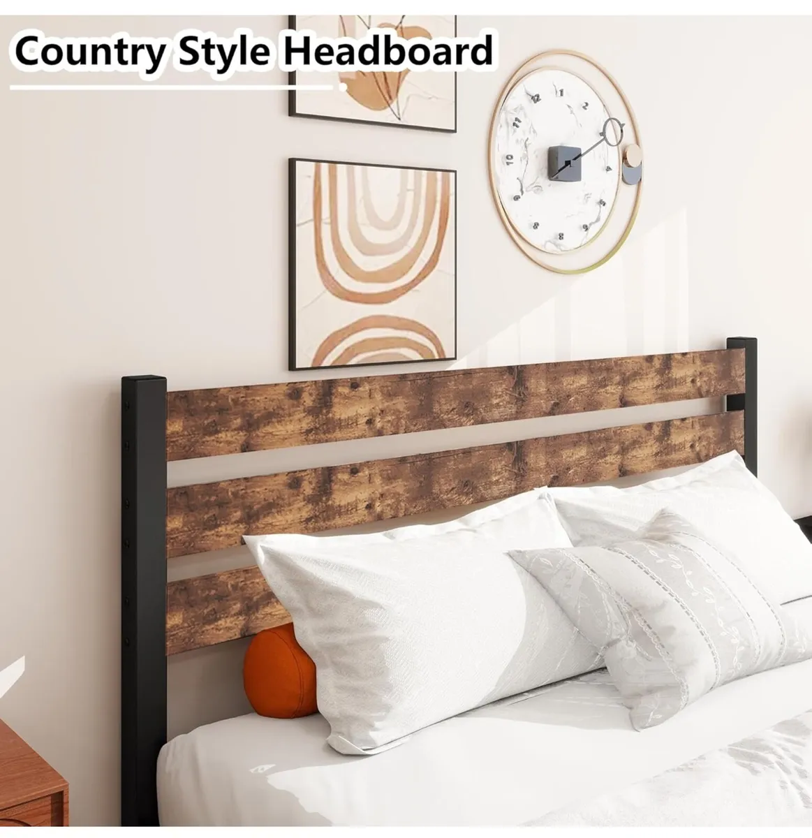 King Size Bed Frame with Wood Headboard, Metal Bed - Image 3