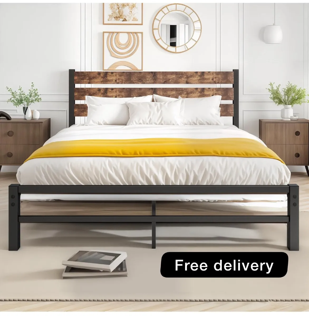 King Size Bed Frame with Wood Headboard, Metal Bed - Image 1