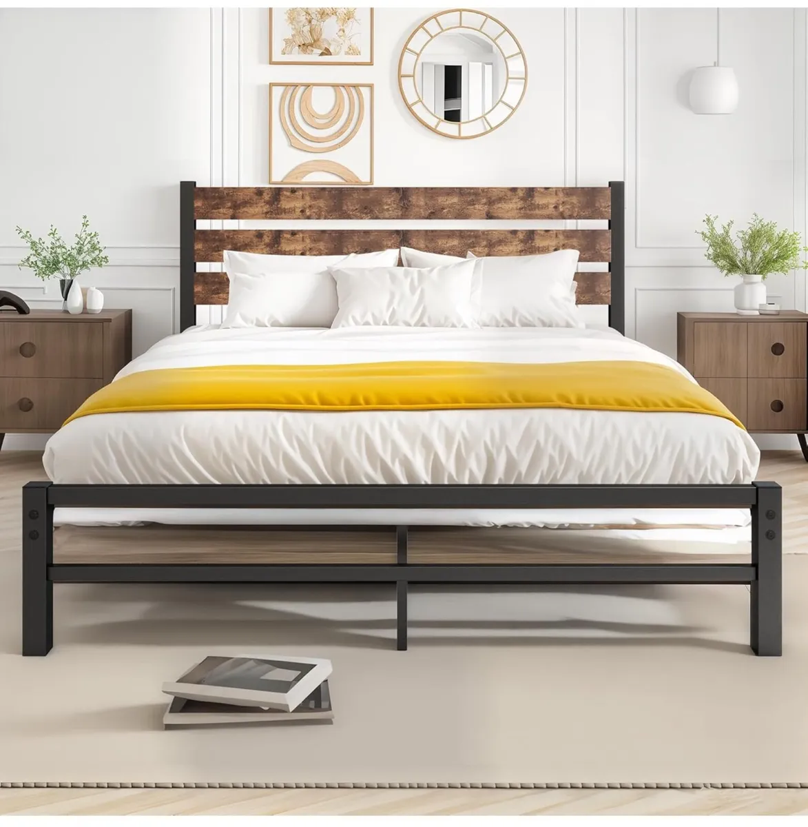 King Size Bed Frame with Wood Headboard - Image 1