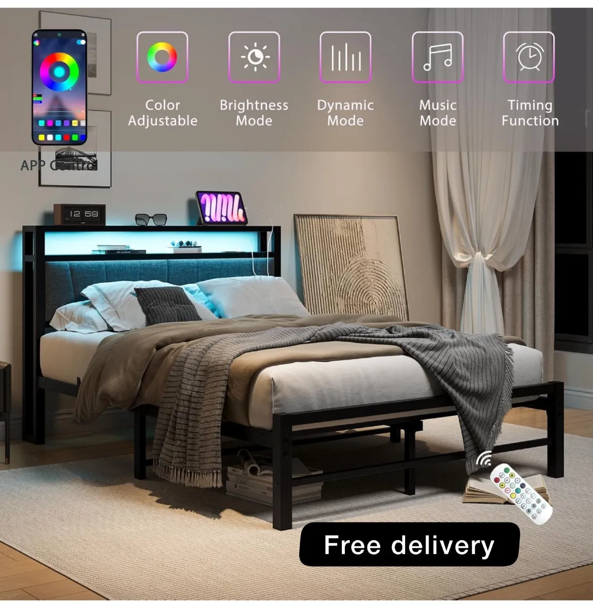 King Size Bed Frame with Storage and LED Lights - Image 1