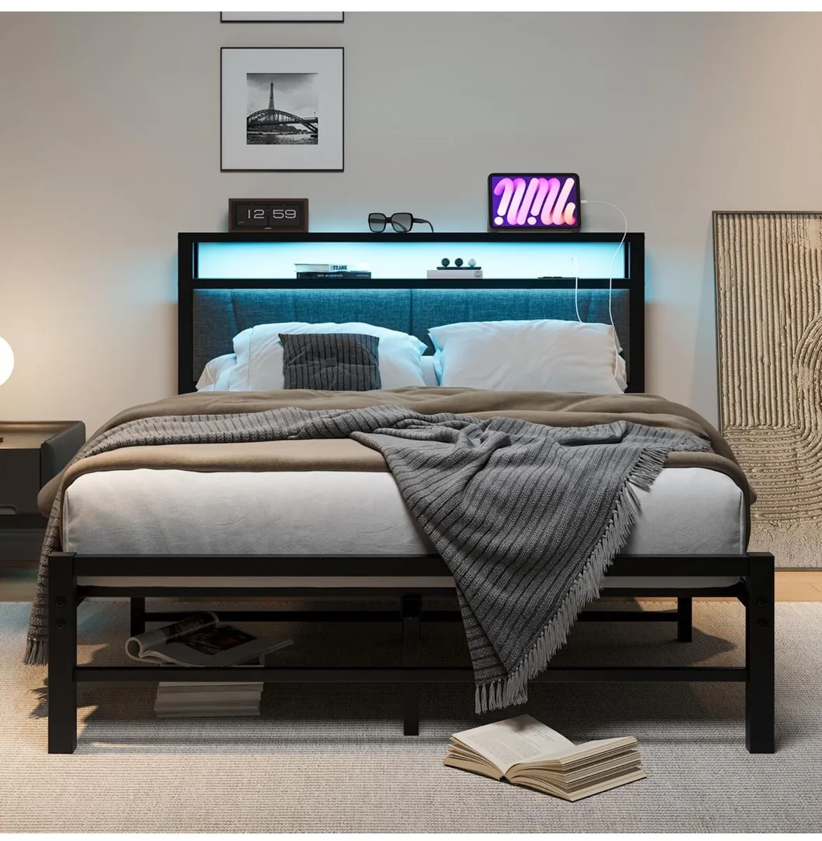 King Size Bed Frame with Storage and LED Lights - Image 1
