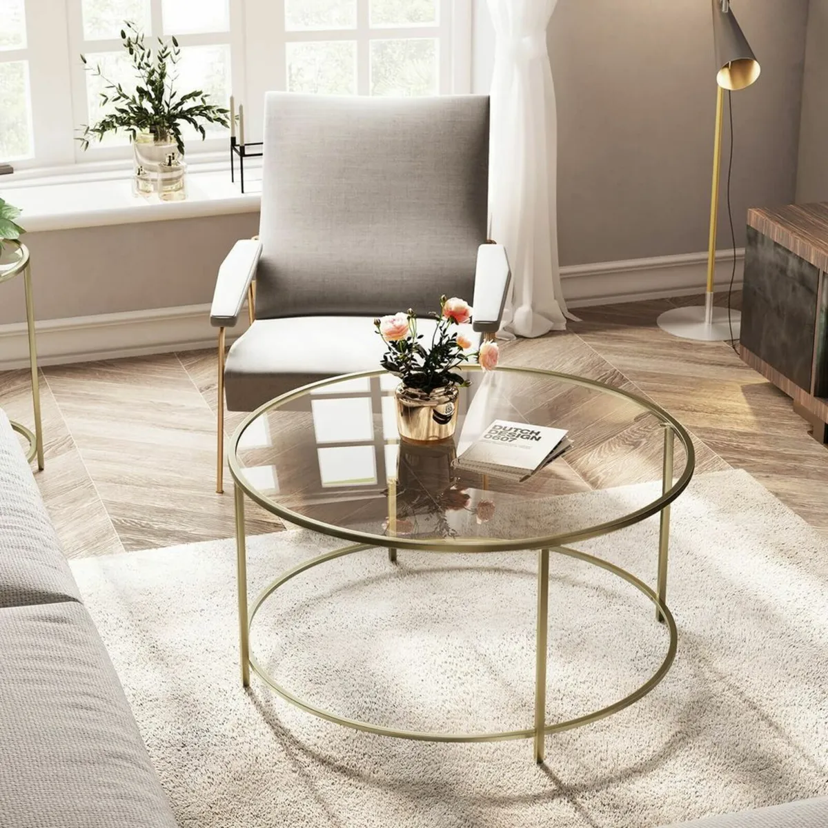 Round Coffee Table, Living Room Table Gold - Image 1