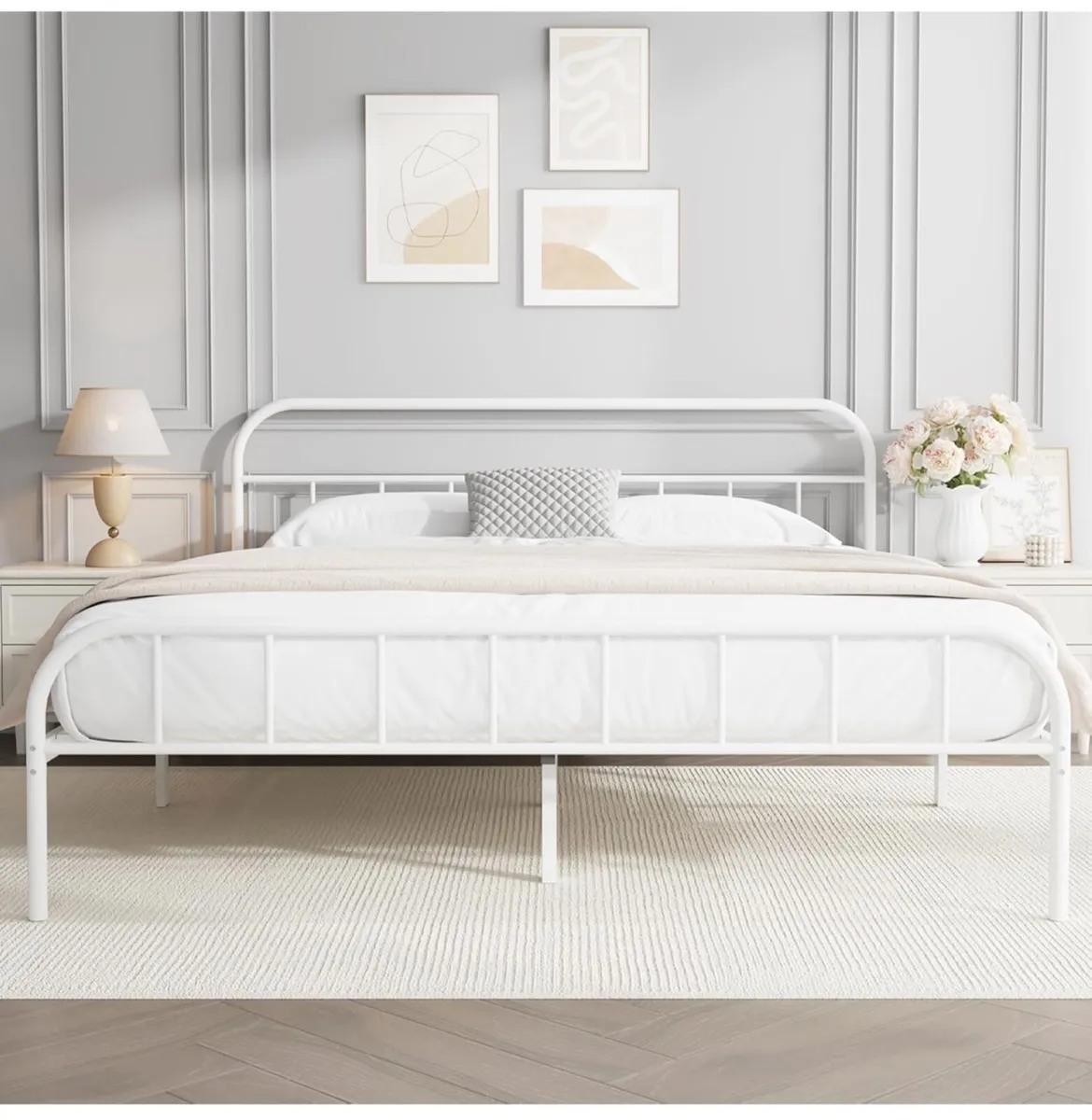 King Metal Bed Frame with Large Storage Space,Whit - Image 1